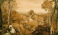 Wooded landscape with cottages and countrywomen, Hurley, Berks, 1818 - Joshua Cristall