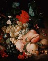 Mixed Flowers and Fruit with Insects on a Marble Plinth - Jan Van Huysum