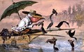 Cormorants presenting fish to a pelican in a punt under an umbrella from The Dream of the Fisherman - Ernest Henry Griset