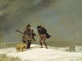 Outpost of a shooting party a sportsman, his dog and a beater in the snow - German School