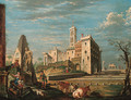 A capriccio, with a castello and figures by the Farnese Hercules - John Devoto
