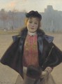 Portrait of a young woman, three quarter length, in a winter park with fur cape, muff and hat - Jean Beauduin