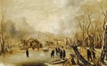 A winter landscape with skaters and kolf players on a frozen waterway by a village - Jan Van De Capelle