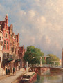 Figures on a sunlit quay with drawbridges over a canal - Pieter Gerard Vertin