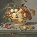 Grapes with a pear, an apricot, apples and plums in a wicker basket with a sprig of cherries, a lizard and a Red Admiral butterfly on a stone ledge - Ambrosius the Elder Bosschaert