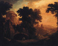 An Italianate landscape with herders on a track by a ruined temple at dusk - (after) Albert Meyeringh