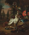 Dead game, a rifle, a blue velvet hunting pouch, with flowers in a park, a fountain beyond - (after) Jan Weenix