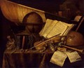 A Vanitas Still Life With Books And Leaflets, A Globe, A Princely Flag, A Musical Score, Musical Instruments - Edwart Collier