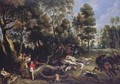 A boar hunt in a wooded landscape - Lucas Van Uden