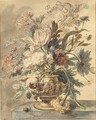 Flowers in a terracotta urn on a marble ledge, a snail to the left - Jan Van Huysum