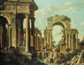 A capriccio of classical ruins with soldiers and other figures conversing - (after) Giovanni Paolo Panini