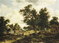 A wooded landscape with travellers on a path through a hamlet - Meindert Hobbema