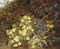 Lilies of the valley, primulas, forget-me-nots and violets on a mossy bank - Vincent Clare