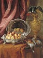 Peaches in a silver-footed bowl, a silver platter, an African Grey parrot perched on a vermeil ewer and game birds on a partly-draped tabletop - Alexandre-Francois Desportes