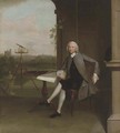 Portrait of Jonas Hanway, small full-length, seated at a table, beside a surveyor's theodolite and a classical urn, overlooking a landscape - Arthur Devis