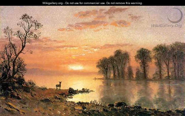 Sunset Deer And River - Albert Bierstadt