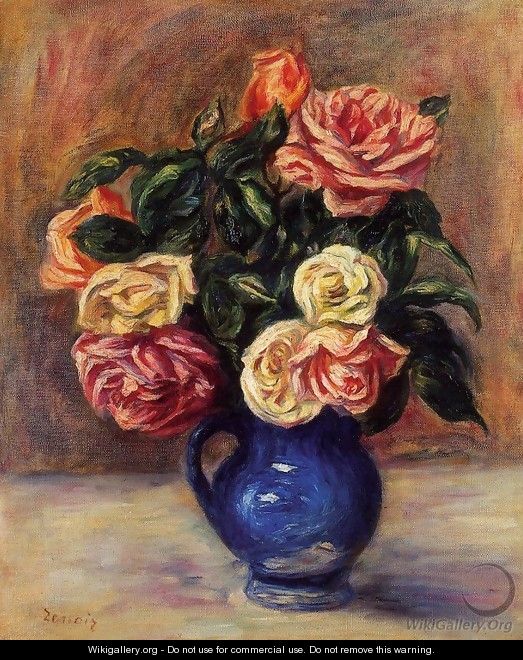 Roses In A Blue Vase - Pierre Auguste Renoir