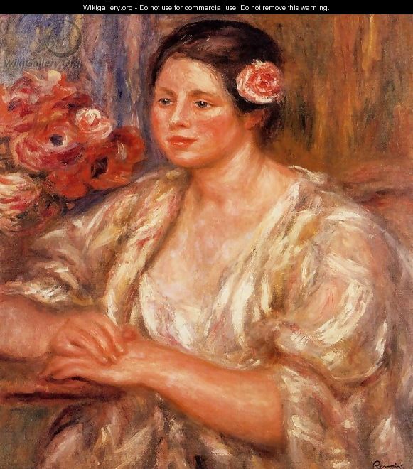 Madelaine In A White Blouse And A Bouquet Of Flowers - Pierre Auguste Renoir