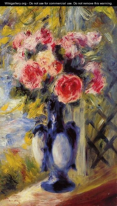 Bouquet Of Roses In A Blue Vase - Pierre Auguste Renoir