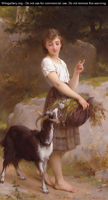 Young Girl With Goat & Flowers - Emile Munier