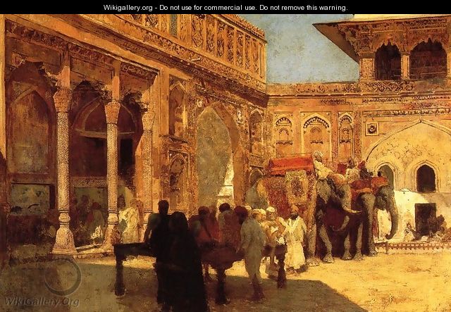 Elephants And Figures In A Courtyard Fort Agra - Edwin Lord Weeks