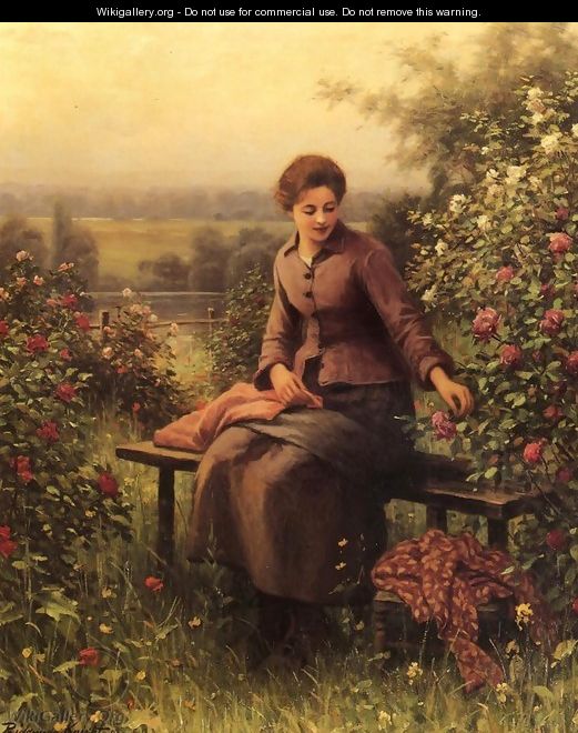 Seated Girl With Flowers - Daniel Ridgway Knight