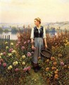 Girl With A Basket In A Garden - Daniel Ridgway Knight
