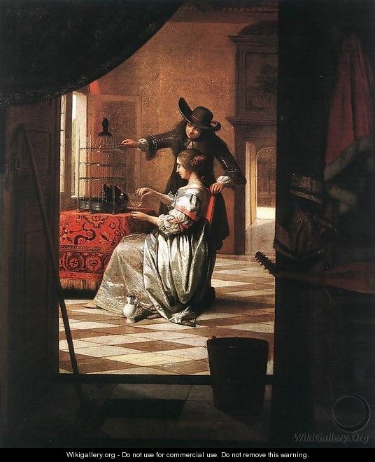 Couple with Parrot 1668 - Pieter De Hooch