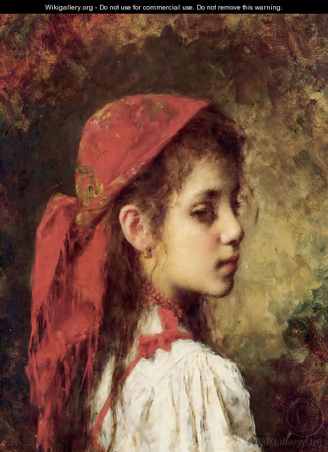 Portrait Of A Young Girl In A Red Kerchief - Alexei Alexeivich Harlamoff