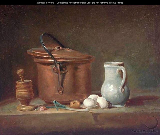 Still Life With Copper Pan And Pestle And Mortar - Jean-Baptiste-Simeon Chardin