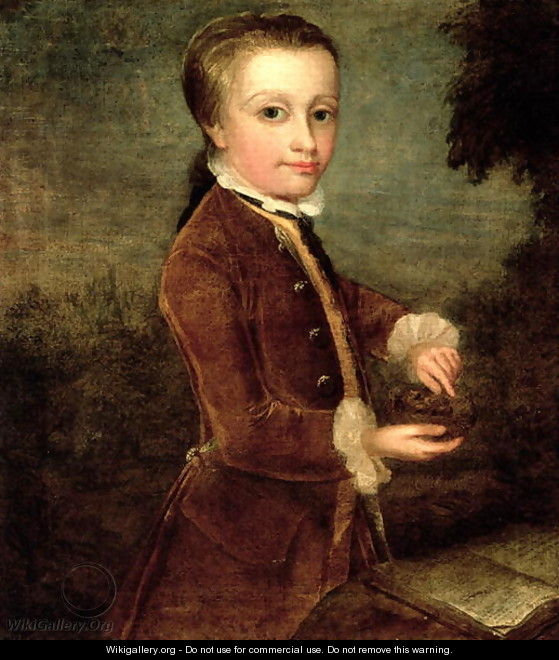 Portrait of Wolfgang Amadeus Mozart (1756-91) aged eight, holding a bird