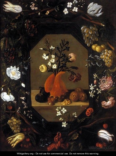 Still-Life with Flowers with a Garland of Fruit and Flowers c. 1645 - Juan De Espinosa