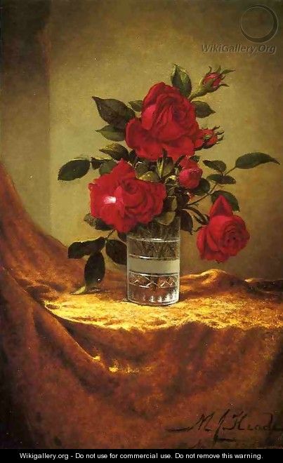 A Glass Of Roses On Gold Cloth - Martin Johnson Heade