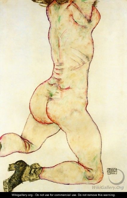 Kneeling Female Nude Back View - Egon Schiele