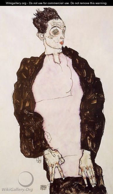 Self Portrait In Lavender And Dark Suit Standing - Egon Schiele
