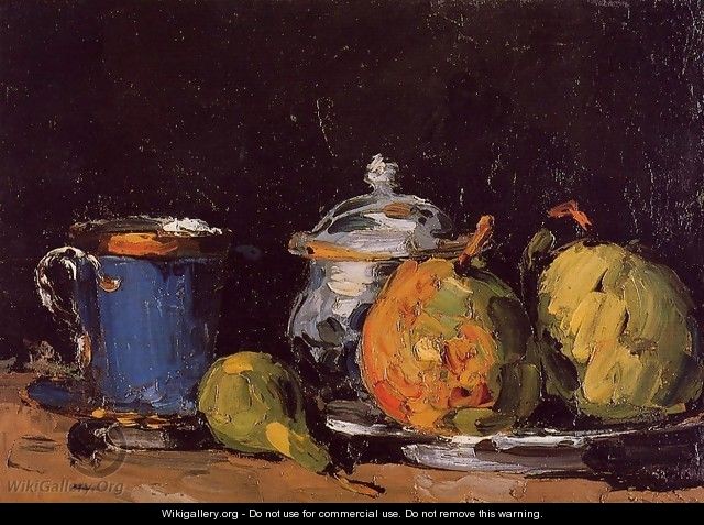 Sugar Bowl Pears And Blue Cup - Paul Cezanne