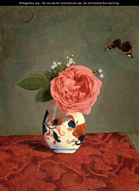 Garden Rose And Blue Forget Me Nots In A Vase - Gustave Caillebotte