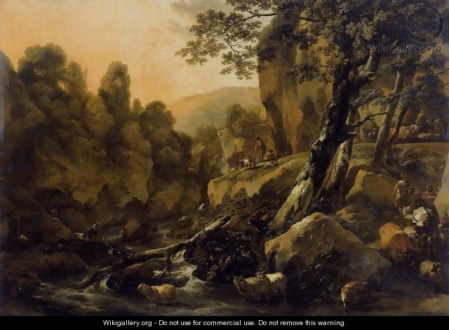 Herdsmen and Herds at a Waterfall c. 1665 - Nicolaes Berchem