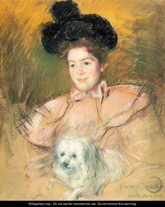Woman In Raspberry Costume Holding A Dog - Mary Cassatt
