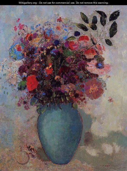 Flowers In A Turquoise Vase - Odilon Redon