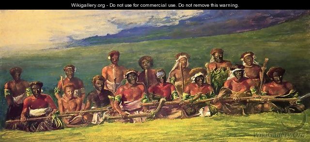 Chiefs In War Dress Seated After A Dance Islands Of Fiji Aka Chiefs And Performers In War Dance Fiji - John La Farge