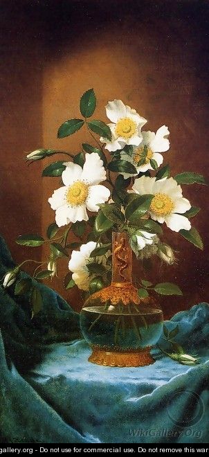 White Cherokee Roses In A Salamander Vase - Martin Johnson Heade