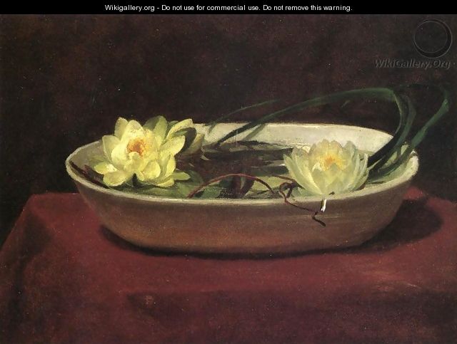 Water Lilies In A White Bowl With Red Table Cover - John La Farge