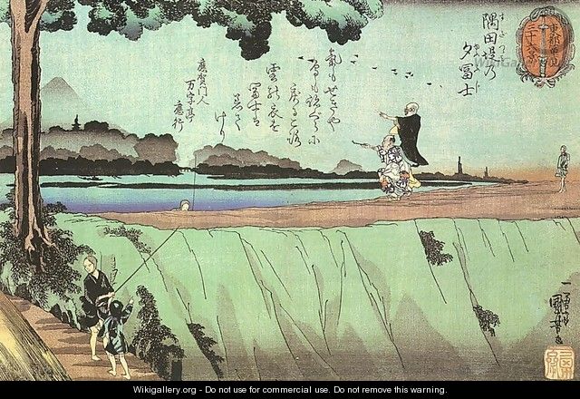 Fuji in the Evening as Seen from Sumida Zutsumi, from "Thirty-Six Views of the Eastern Capital and Mount Fuji" 1844-48 - Utagawa Kuniyoshi