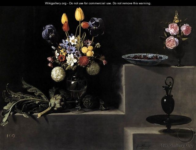 Still Life with Flowers, Artichokes, Cherries and Glassware 1627 - Juan Van Der Hamen