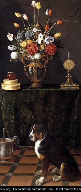 Still Life with Flowers and a Dog c. 1625-30 - Juan Van Der Hamen