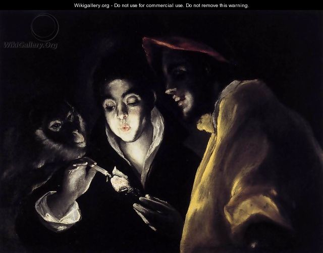 An Allegory with a Boy Lighting a Candle in the Company of an Ape and a Fool (Fábula) 1589-92 - El Greco (Domenikos Theotokopoulos)