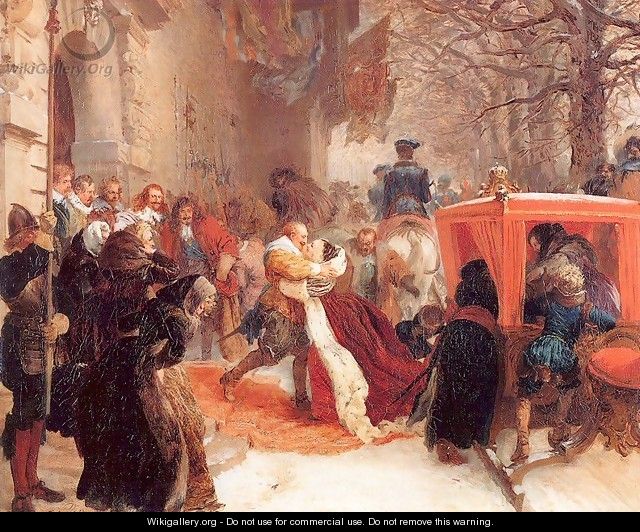 Gustav Adolph Greets his Wife outside Hanau Castle in January 1632, 1847 - Adolph von Menzel