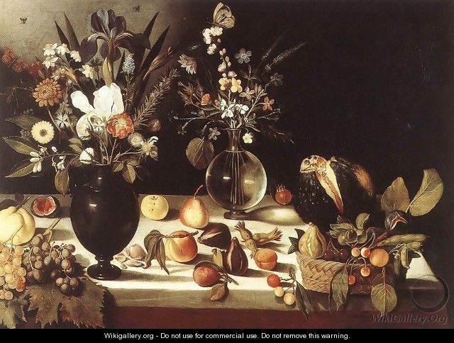 A Table Laden with Flowers and Fruit 1600-10 - Master of the Hartford Still-life