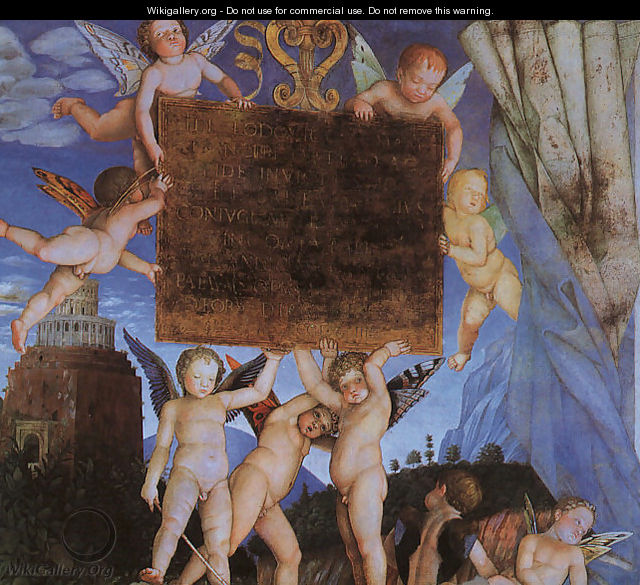 Camera degli Sposi, detail featuring Putti Holding Dedicatory Tablet - Andrea Mantegna